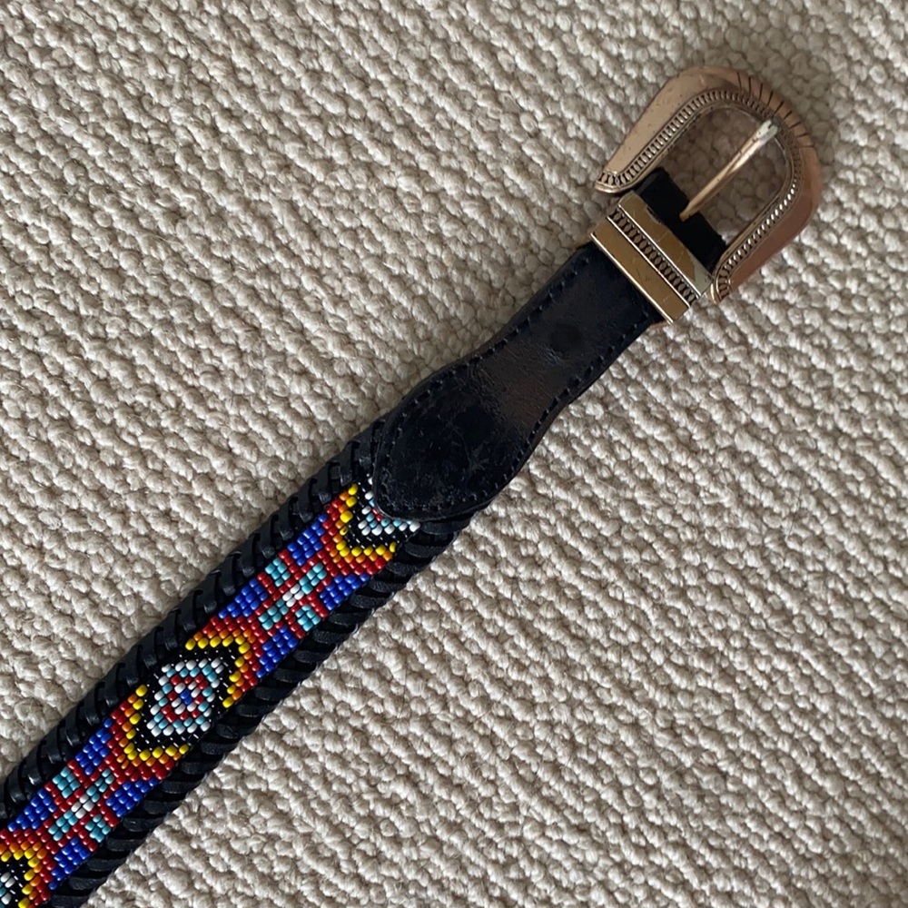 Vintage leather beaded belt with silver buckle